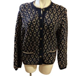 Peruvian connection merino wool blue  diamond print hand knit cardigan sweater